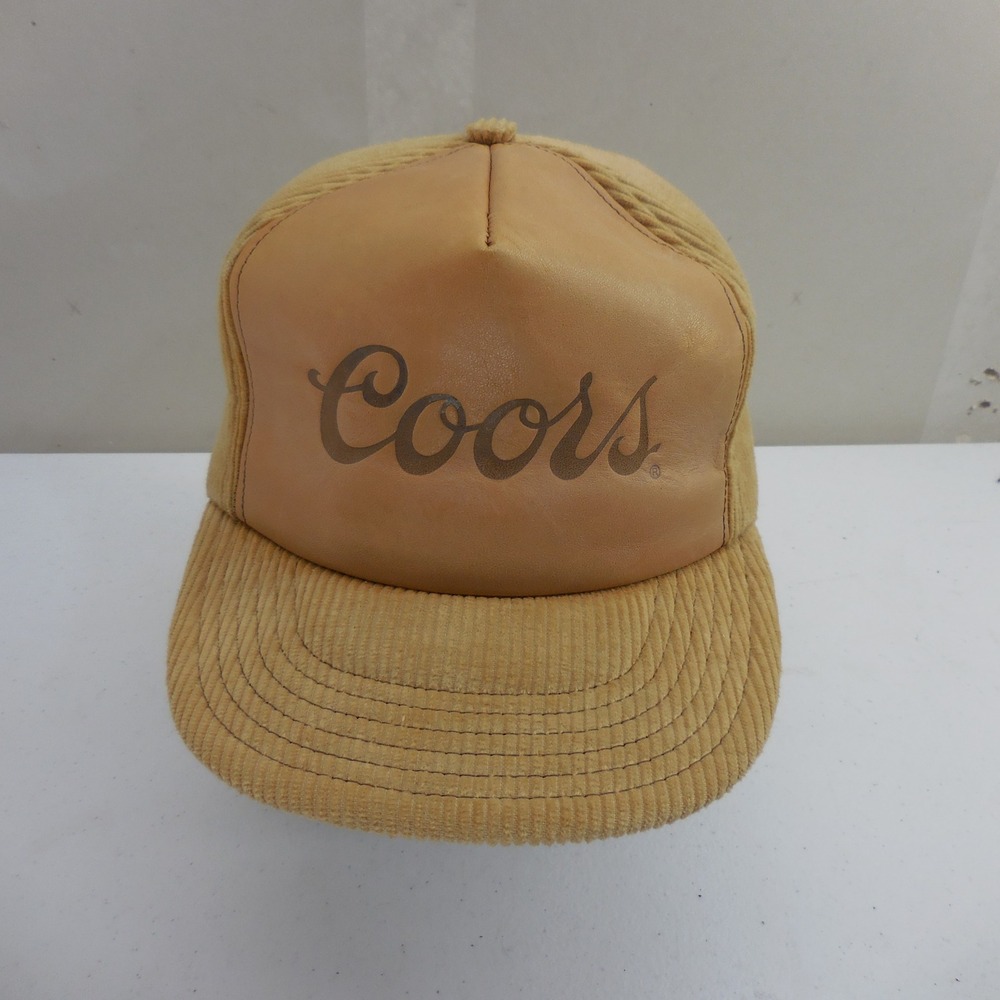 Vintage Coors Beer Trucker Hat Tan Corduroy Leather Snapback Made in USA Cap